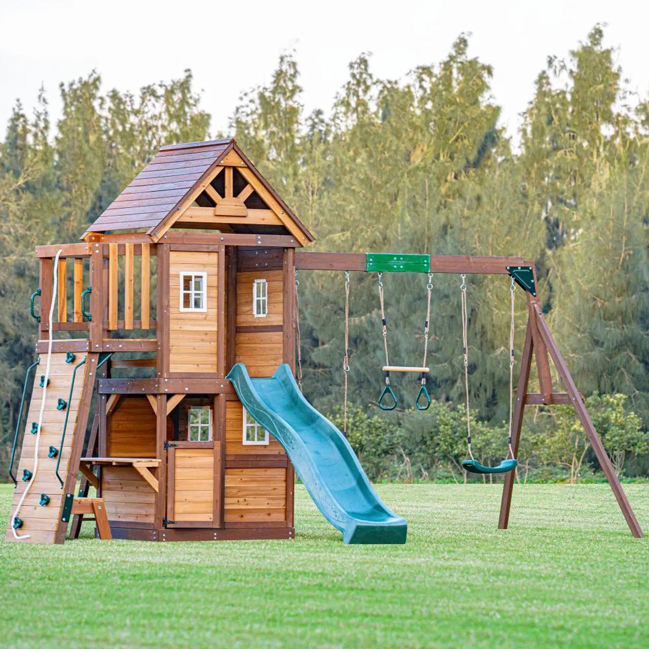 Mountpeak Kazbek Swing Set And 2 Level Play House With Wooden Roof