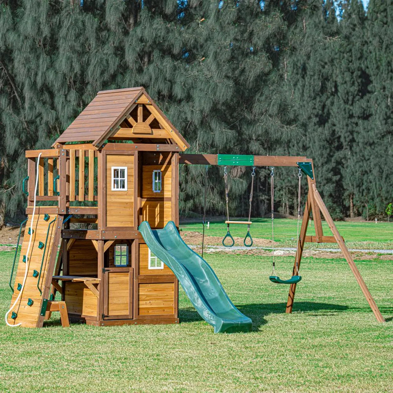 Mountpeak Kazbek Swing Set And 2 Level Play House With Wooden Roof