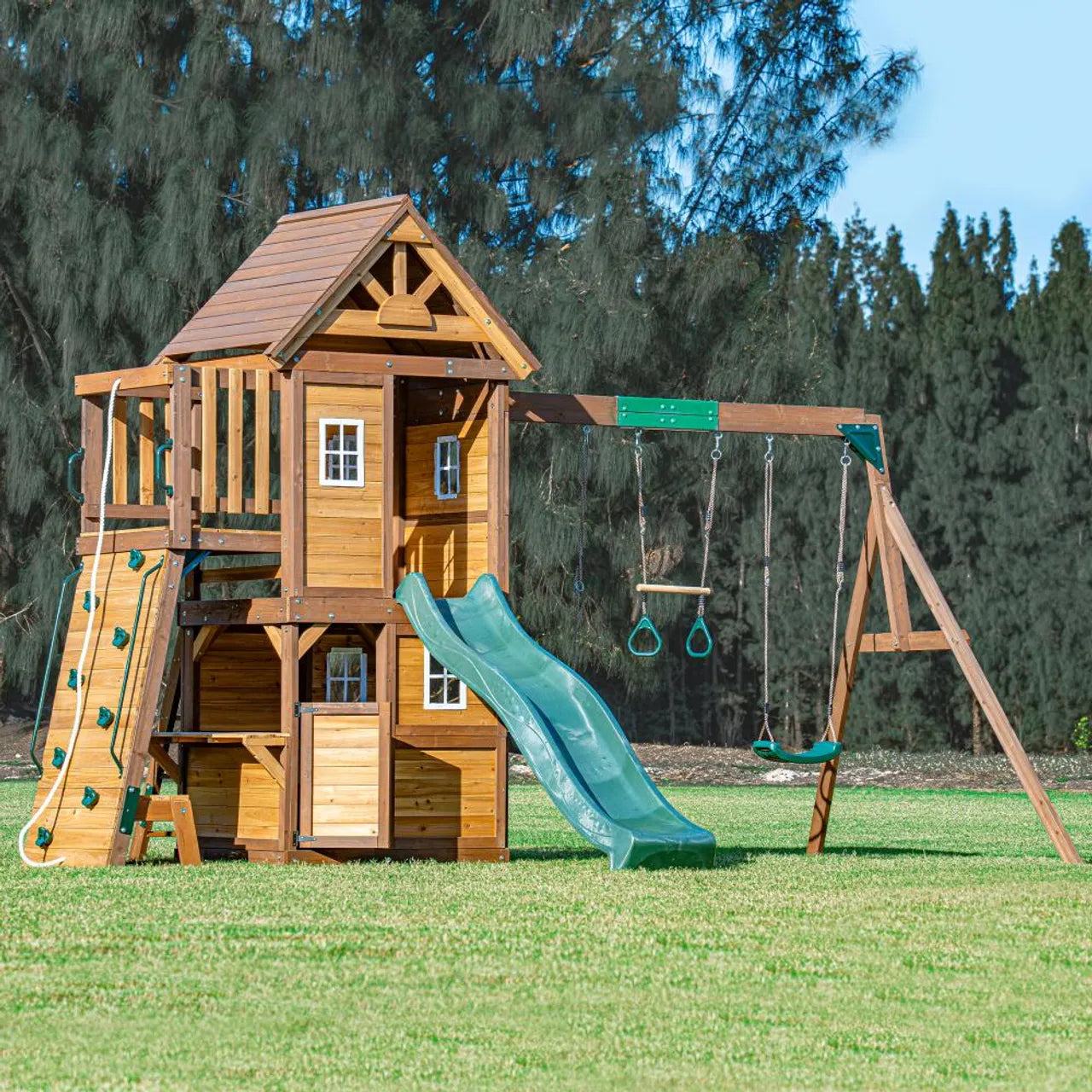 Mountpeak Kazbek Swing Set And 2 Level Play House With Wooden Roof