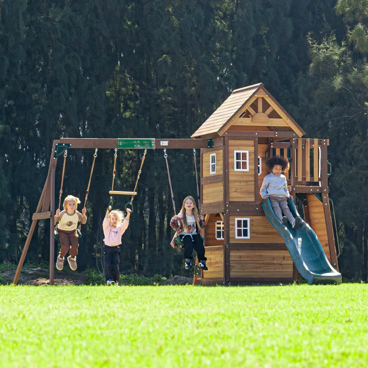 Mountpeak Kazbek Swing Set And 2 Level Play House With Wooden Roof