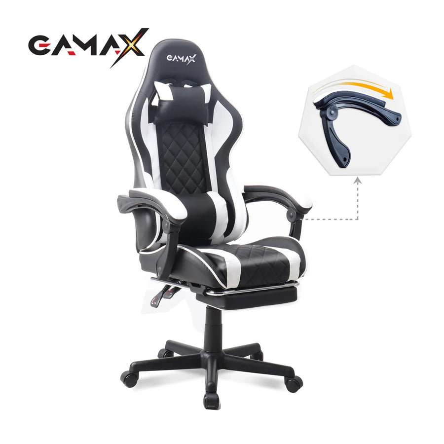 Gamax Gaming Chair Model 1-LT001L with Linkage Function Armrest & Retractable Footrest - White