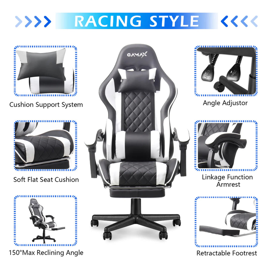 Gamax Gaming Chair Model 1-LT001L with Linkage Function Armrest & Retractable Footrest - Black