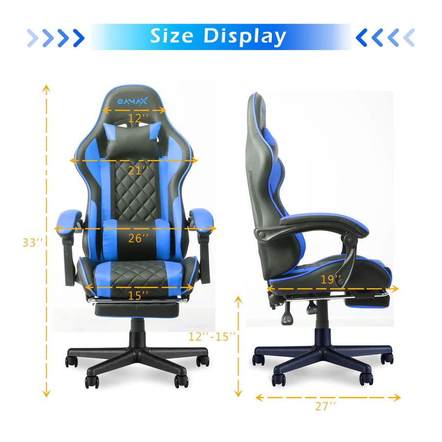 Gamax Gaming Chair Model 1-LT001L with Linkage Function Armrest & Retractable Footrest - Blue