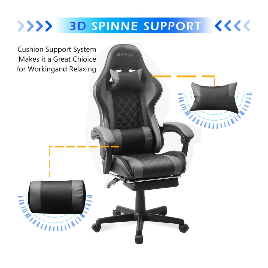 Gamax Gaming Chair Model 1-LT001L with Linkage Function Armrest & Retractable Footrest - Black