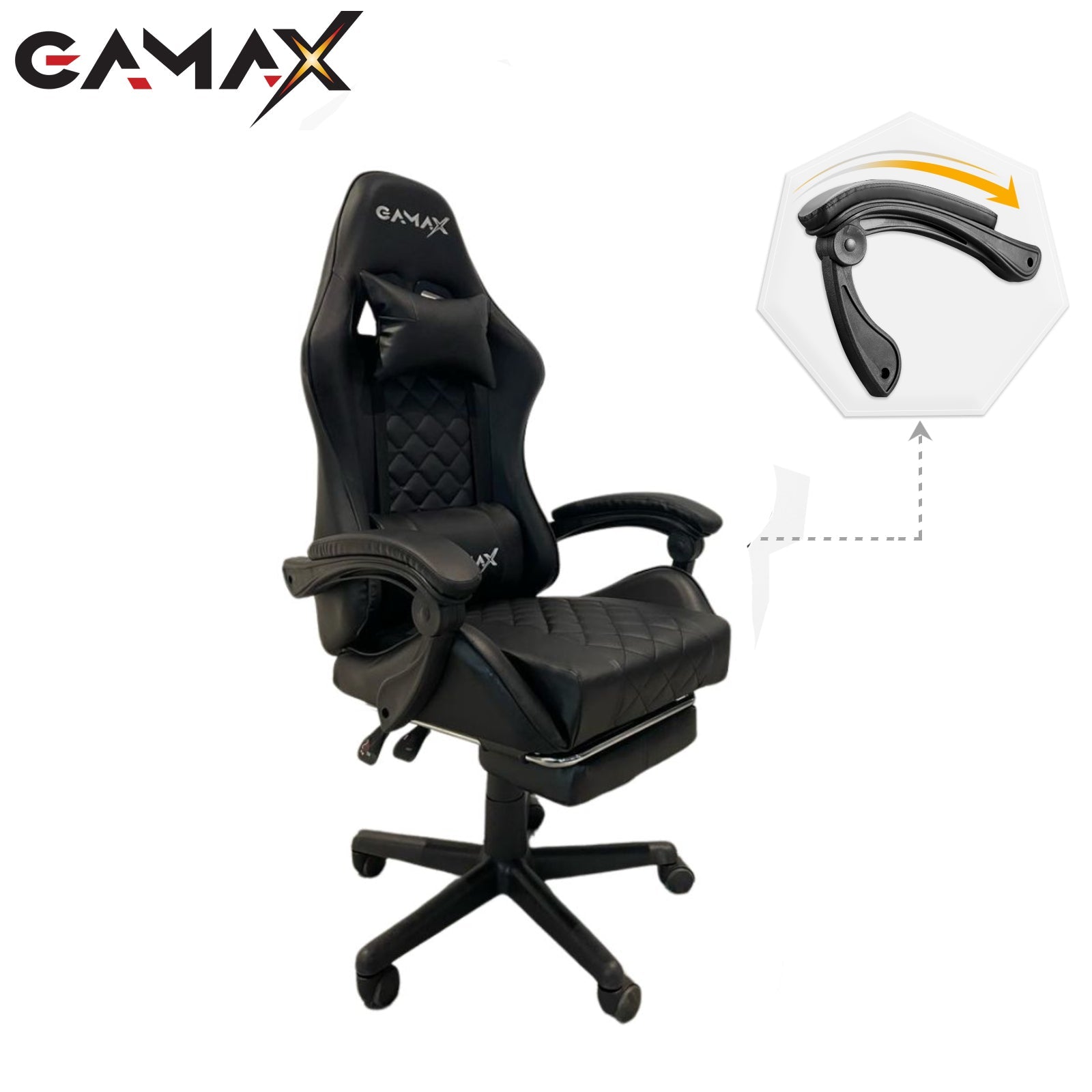 Gamax Gaming Chair Model 1-LT001L with Linkage Function Armrest & Retractable Footrest - Black