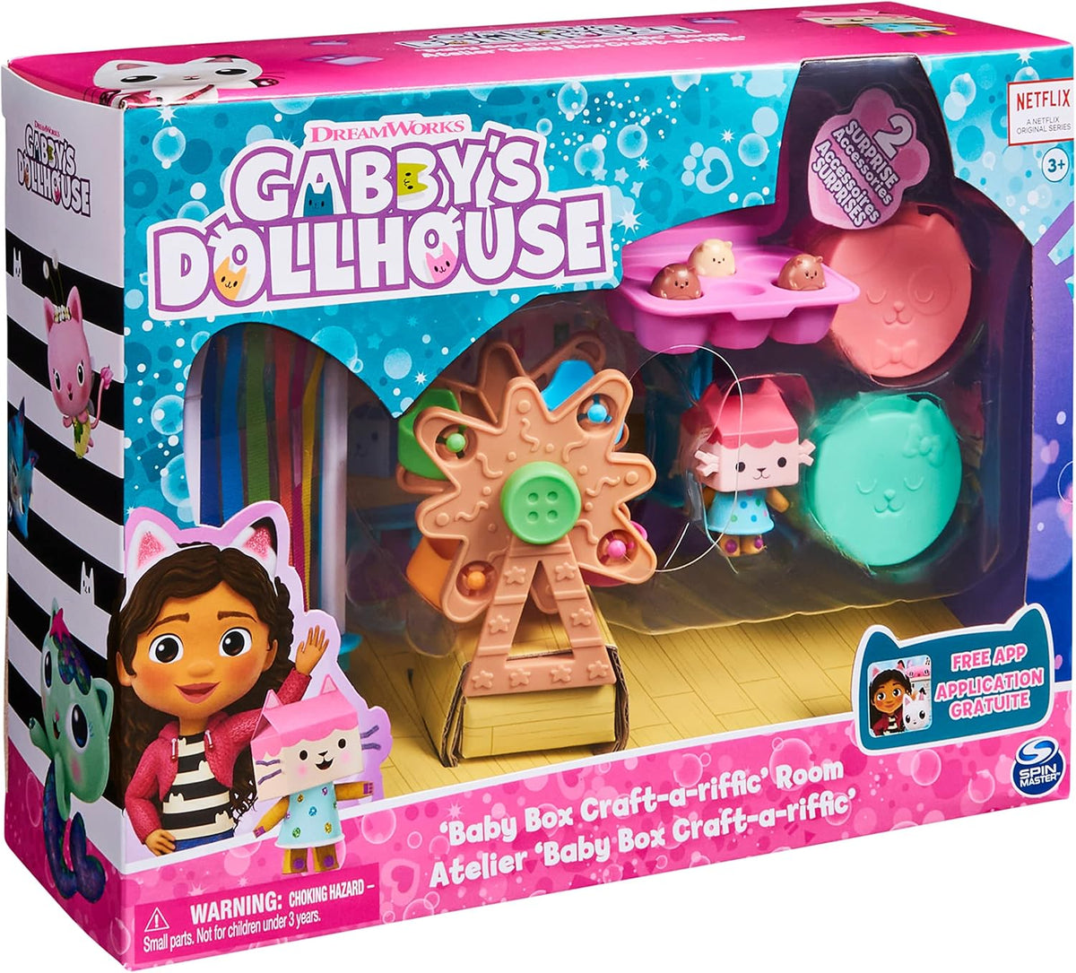 Gabby's Dollhouse, Craft-a-riffic Baby Room with the Cat Character Baby Box, Accessories, Furniture and Boxes with Surprise, for Ages 3+