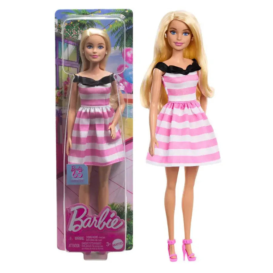 Barbie Fashionable Barbie doll with blonde hair pink striped dress and accessories