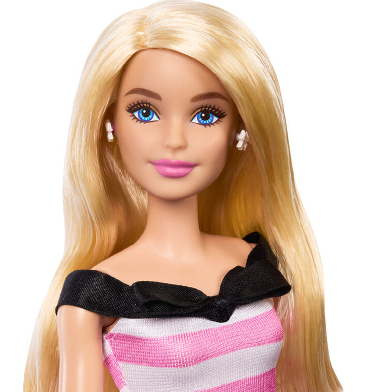 Barbie Fashionable Barbie doll with blonde hair pink striped dress and accessories