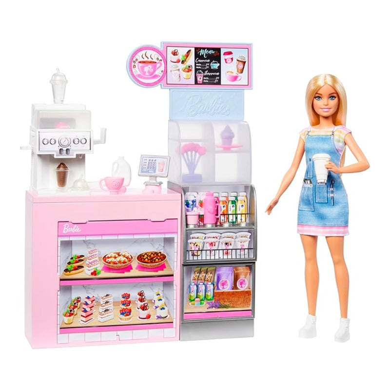 Barbie Mattel Coffee Shop playset with blonde barista doll and 12+ accessories
