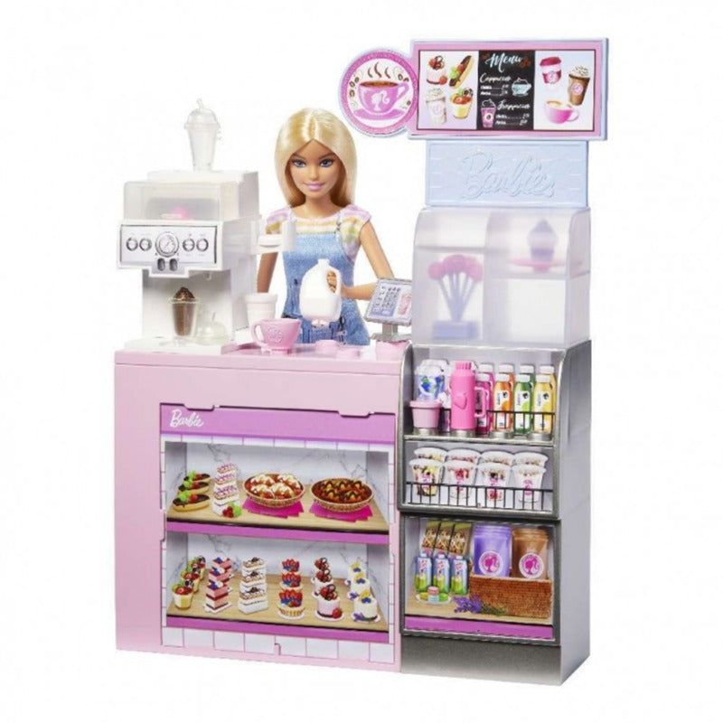 Barbie Mattel Coffee Shop playset with blonde barista doll and 12+ accessories