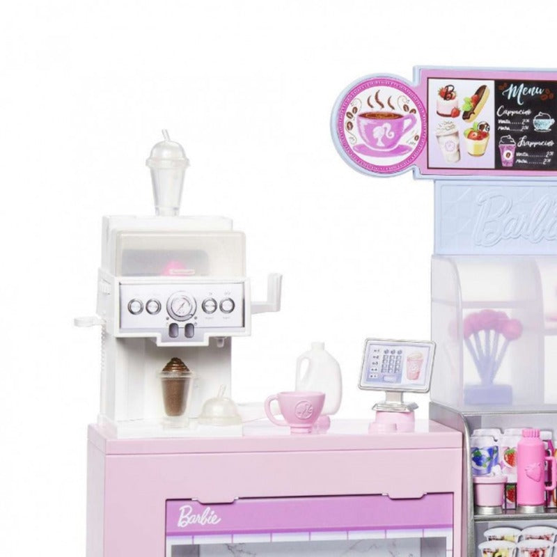 Barbie Mattel Coffee Shop playset with blonde barista doll and 12+ accessories